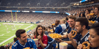 people eat food at a football stadium