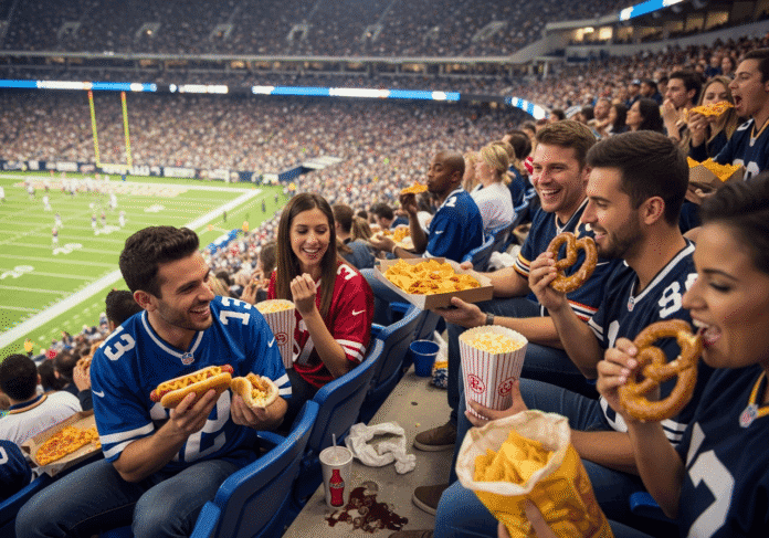 people eat food at a football stadium