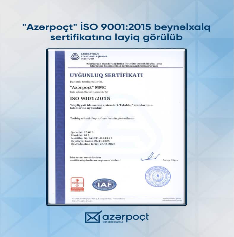 “Azərpoçt” ISO 9001:2015 keyfiyyət sertifikatı əldə edib