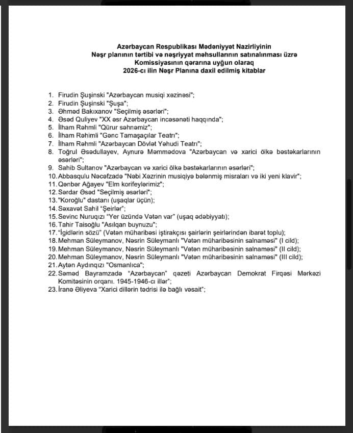 Mədəniyyət Nazirliyi 2025-ci il kitab siyahısını açıqladı